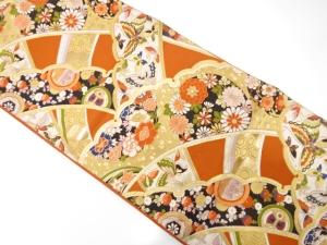 アンティーク　雪芝に蝶・草花模様織り出し袋帯（材料）